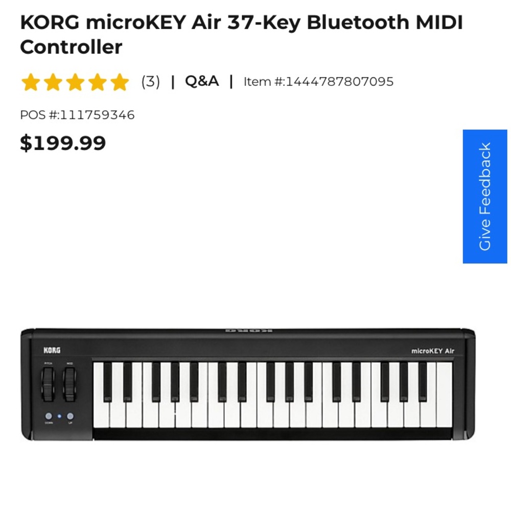 Korg microKEY Air 37-Key Bluetooth MIDI keyboard Controller - Black